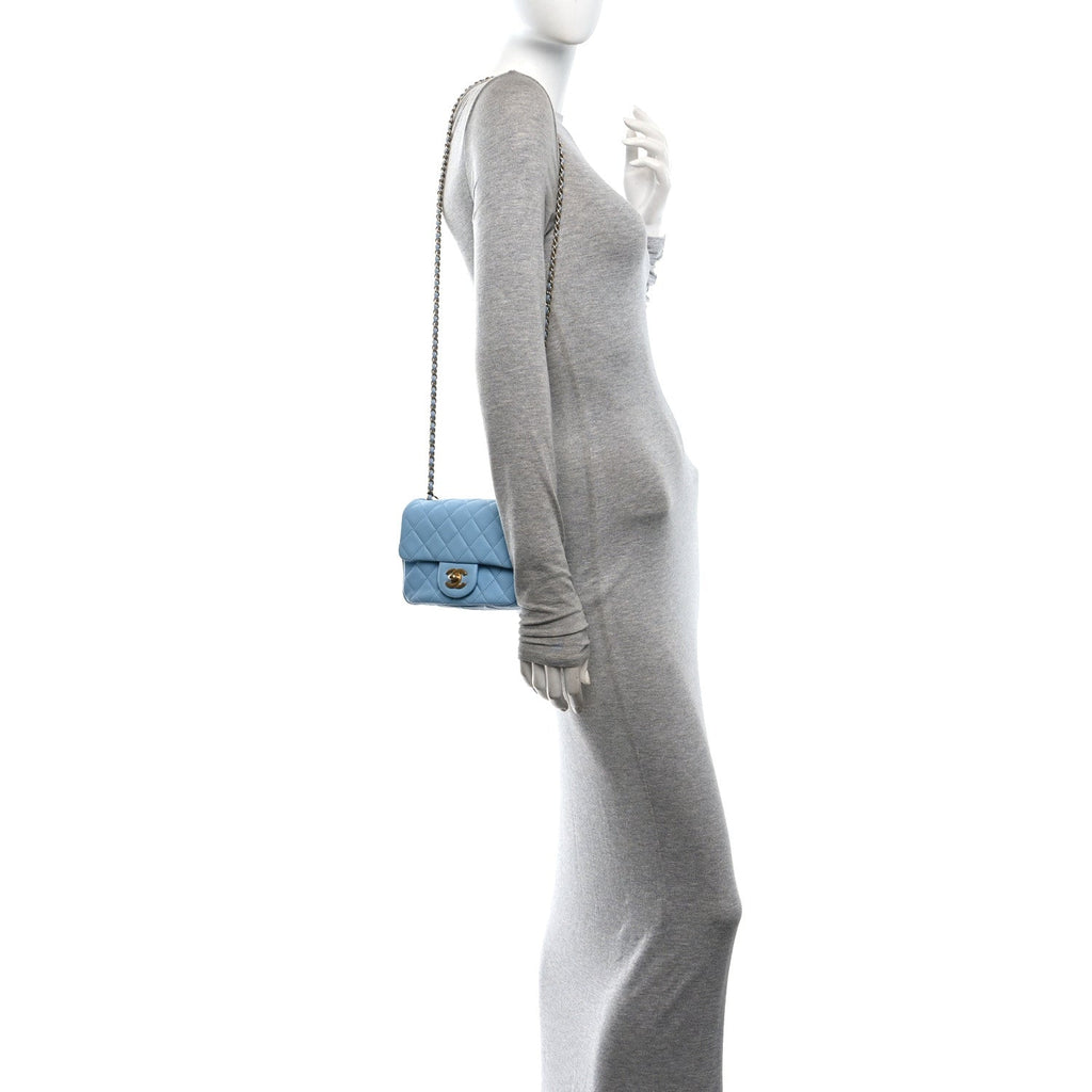Lambskin Quilted Mini Pearl Crush Flap Light Blue