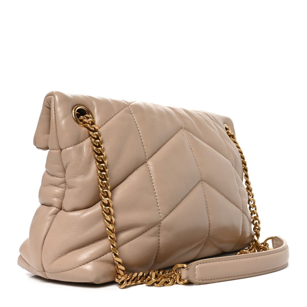 Lambskin Quilted Small Loulou Puffer Monogram Chain Satchel Dark Beige