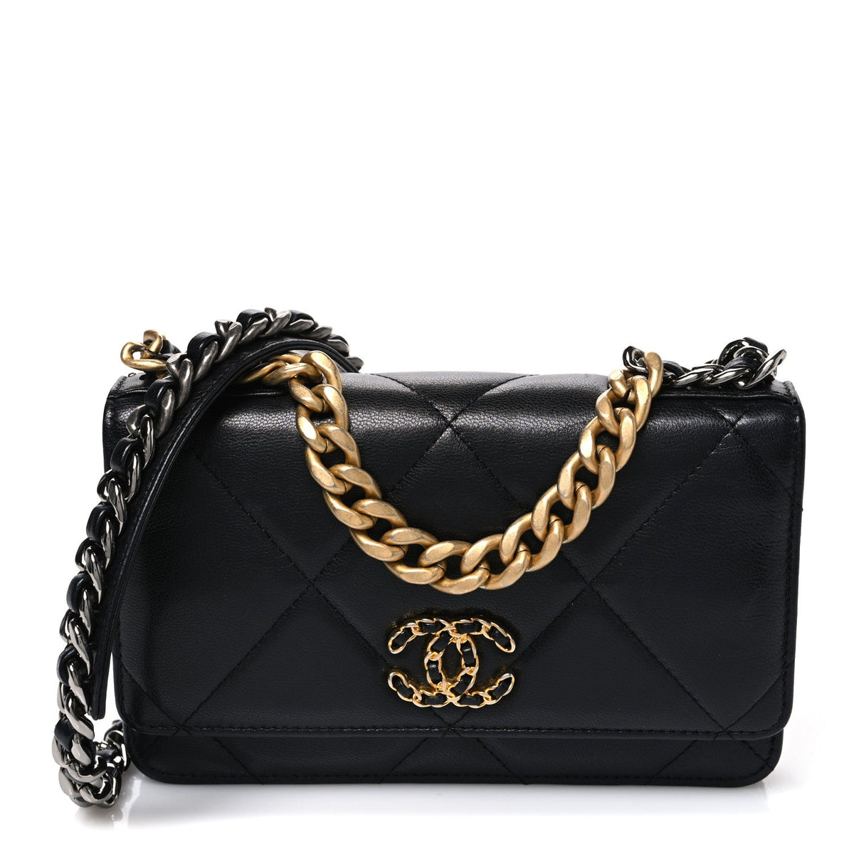 Goatskin Quilted Chanel 19 Wallet On Chain WOC Black