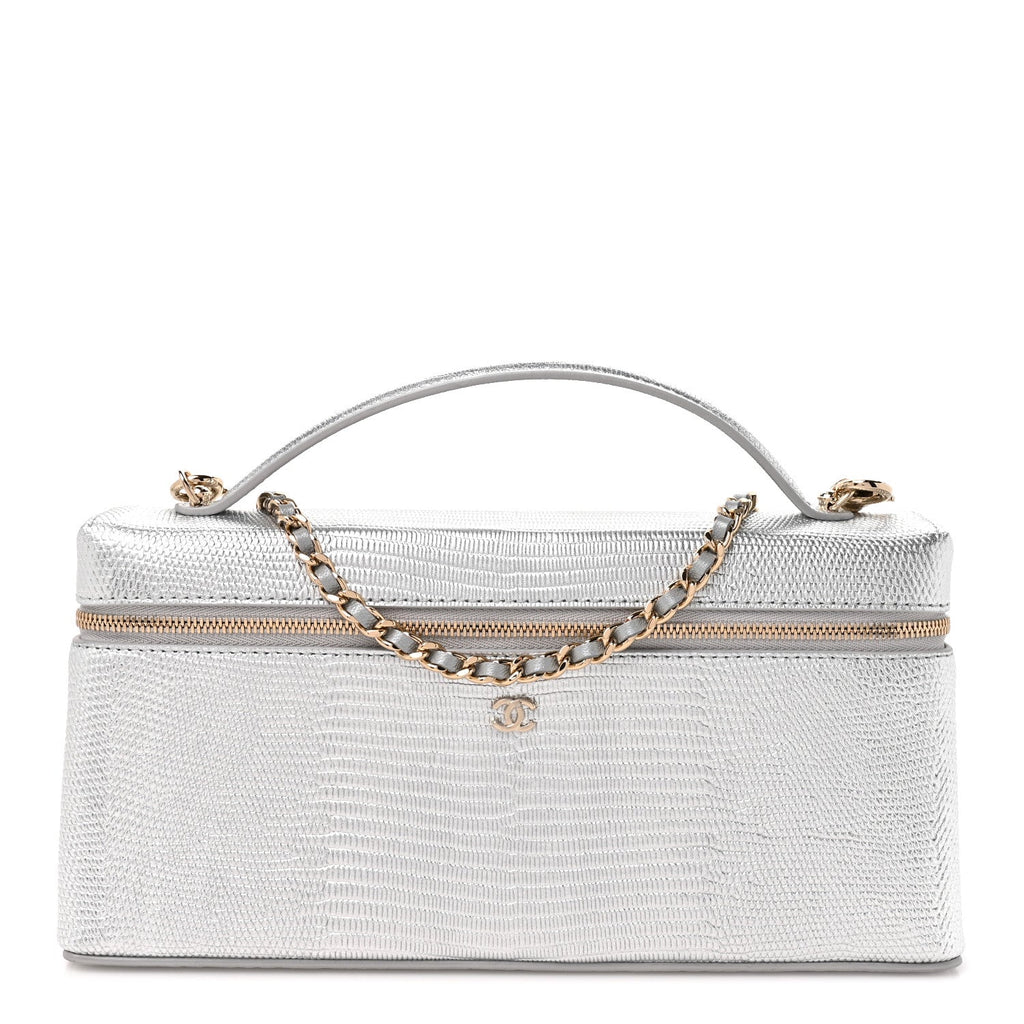 Lizard Embossed Calfskin Exoticoco Long Vanity With Chain Silvery