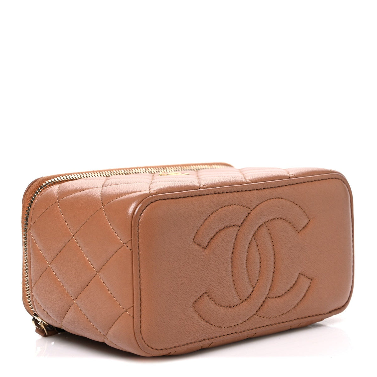 Lambskin Quilted Pearl Crush Small Vanity Case With Chain Brown