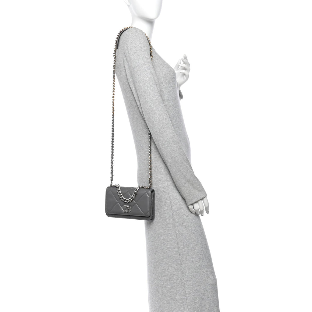 Lambskin Quilted Chanel 19 Wallet On Chain WOC Grey