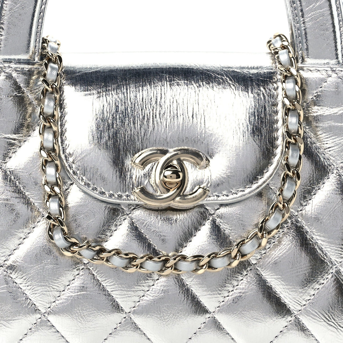Metallic Aged Calfskin Quilted Nano Kelly Shopper Silvery