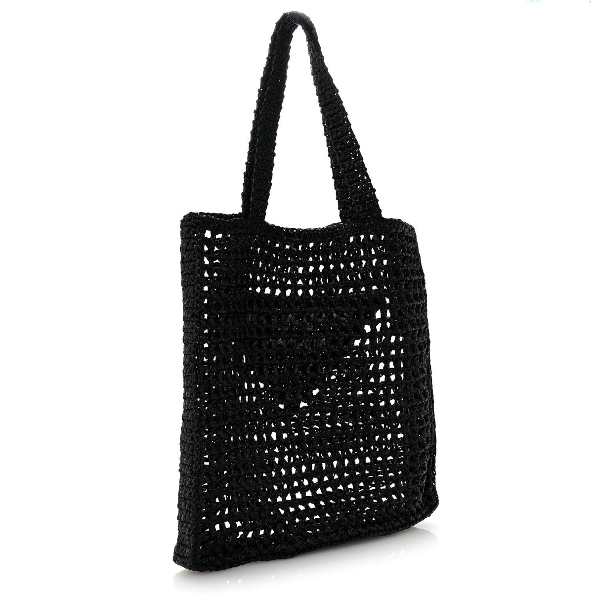 Yarn Raffia Effect Crochet Logo Embroidered Tote Bag Black