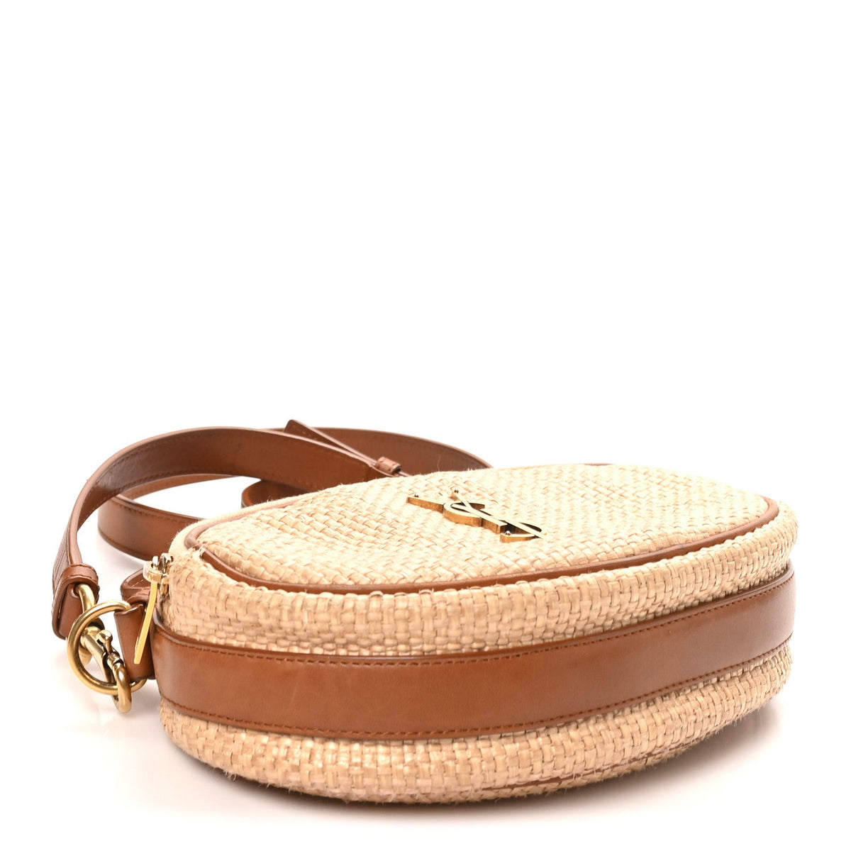 Raffia Calfskin Round Camera Bag Golden Ecru Brick