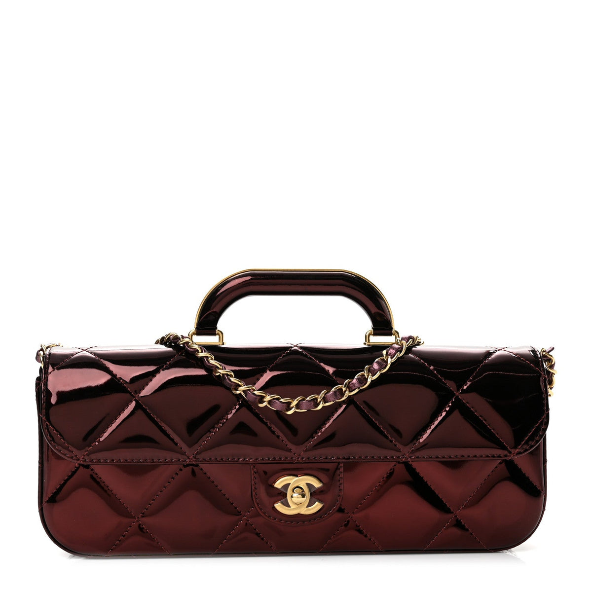 Metallic Mirror Calfskin Large Top Handle Clutch With Chain  Burgundy