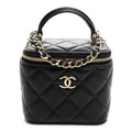 Lambskin Quilted Top Handle Mini Vanity Case With Chain Black
