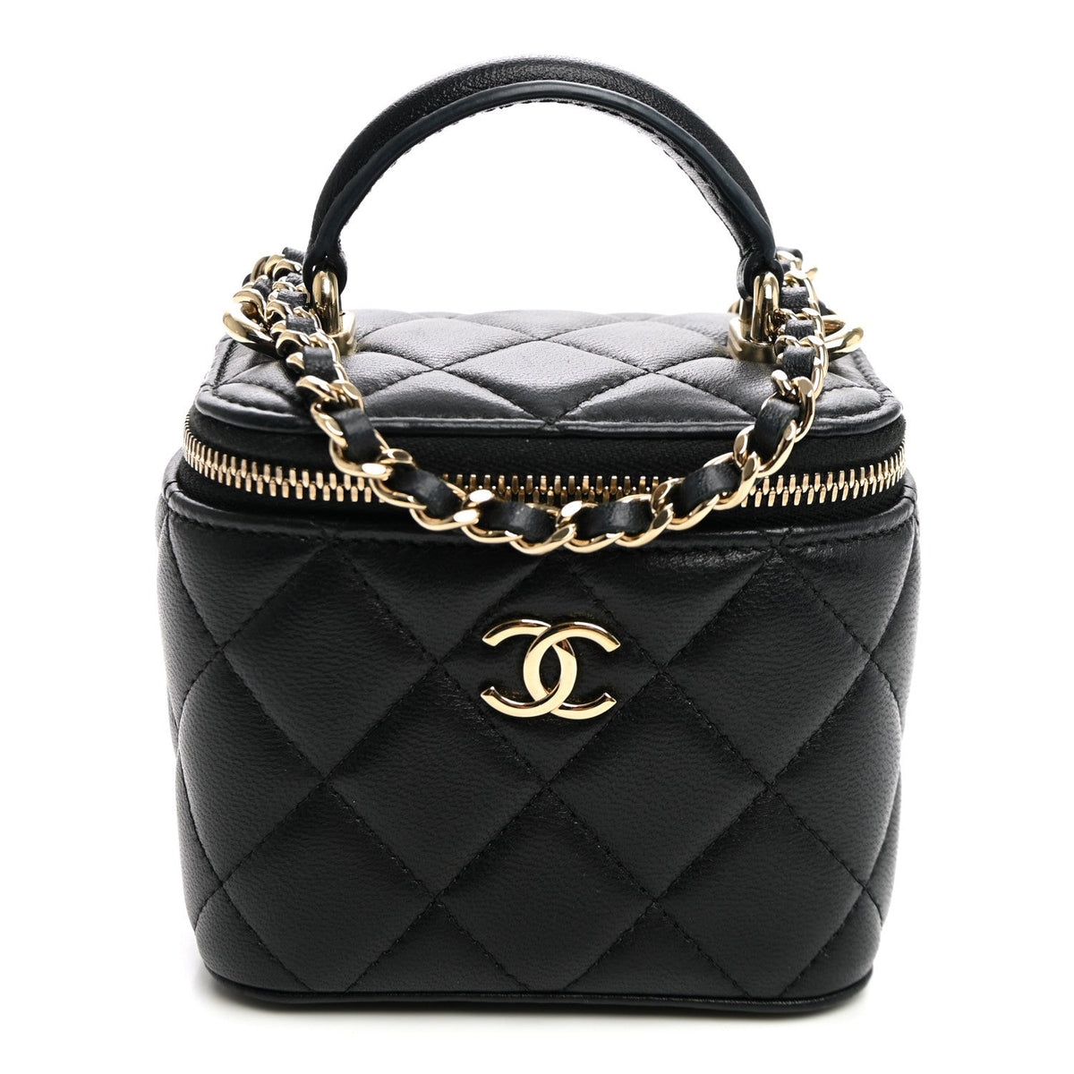 Lambskin Quilted Top Handle Mini Vanity Case With Chain Black