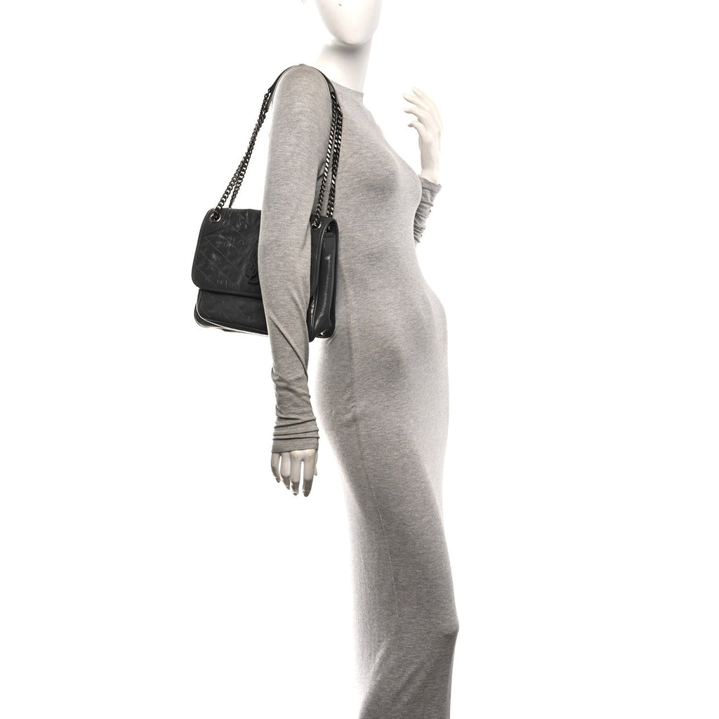Crinkled Calfskin Matelasse Monogram Medium Niki Chain Satchel Thunder