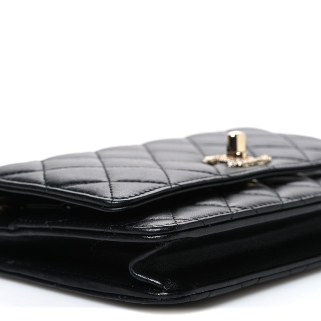 Lambskin Crystal Quilted Trendy CC Top Handle WOC Flap Bag Black