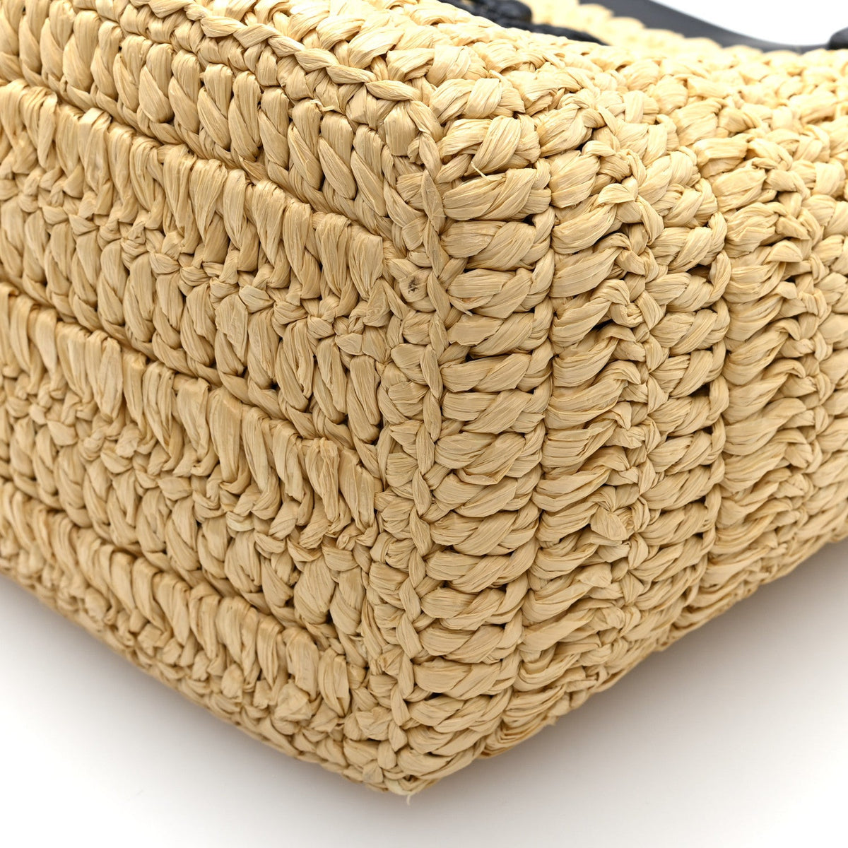 Yarn Raffia Effect Calfskin Crochet Embroidered Medium Logo Tote  Tan Black