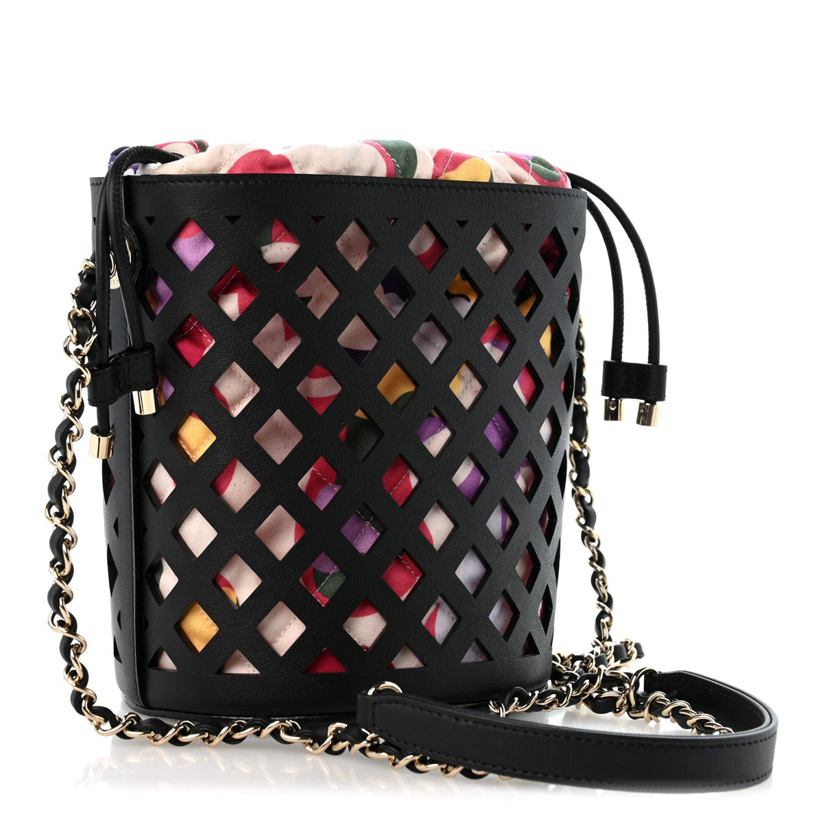 Lambskin Sea Through Bucket Drawstring Bag Black Multicolor