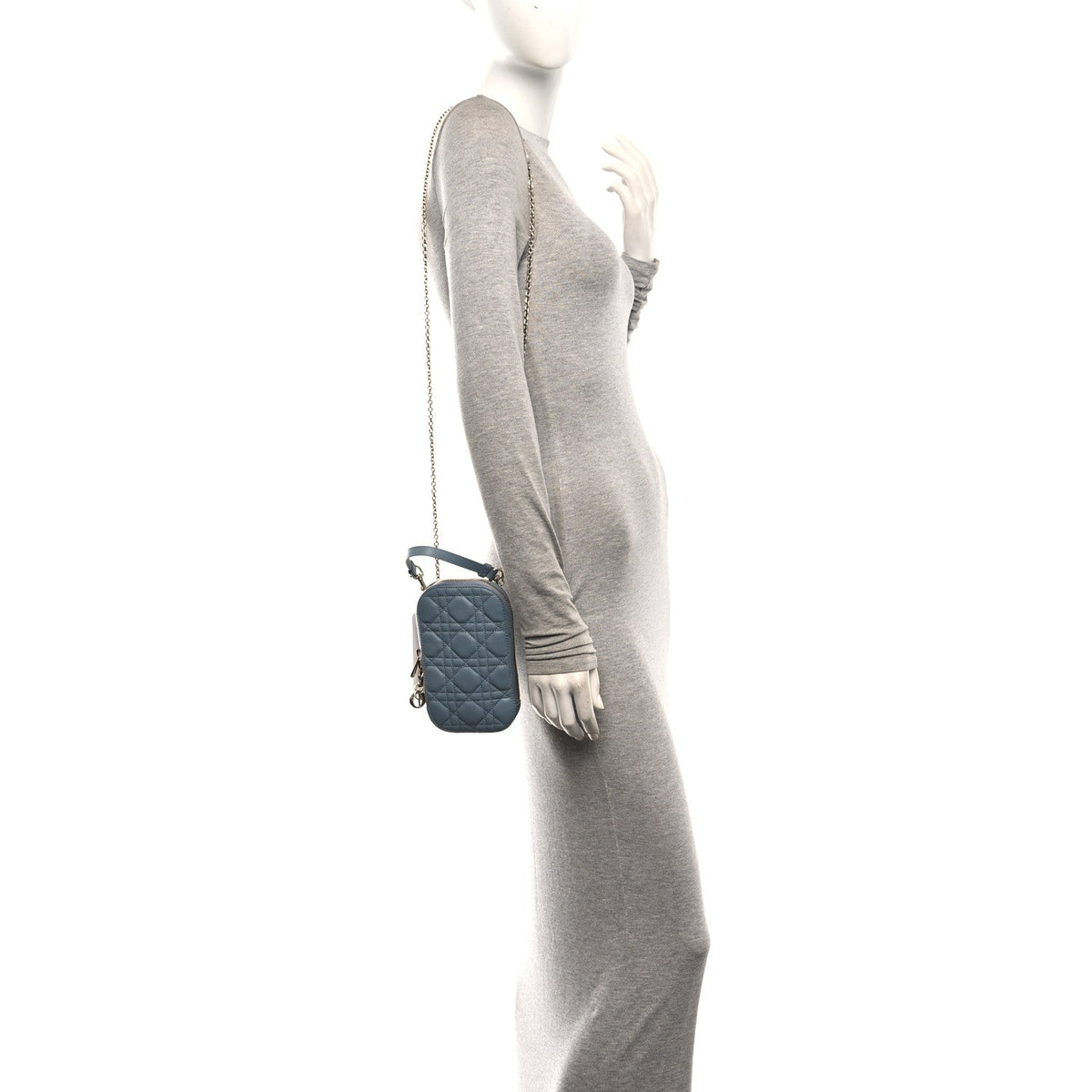 Lambskin Cannage Lady Dior Phone Holder Cloud Blue