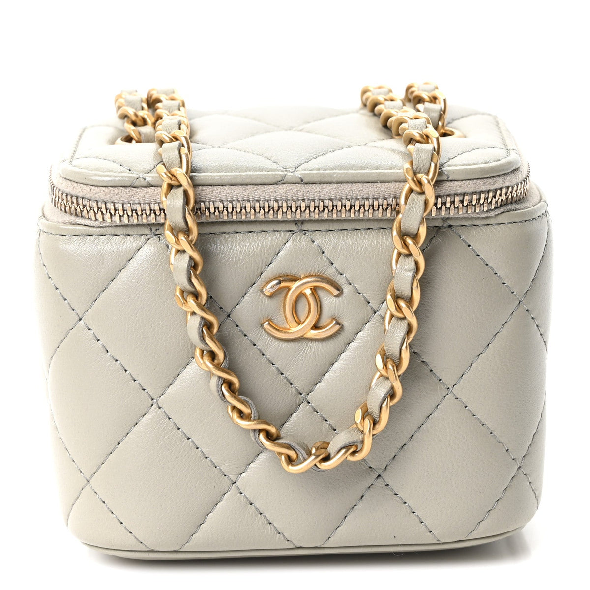 Lambskin Quilted Pearl Crush Mini Vanity Case With Chain Grey