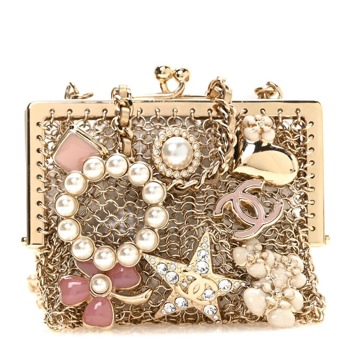 Metal Pearl Enamel Kiss Lock Chain Mail Charm Clutch Gold