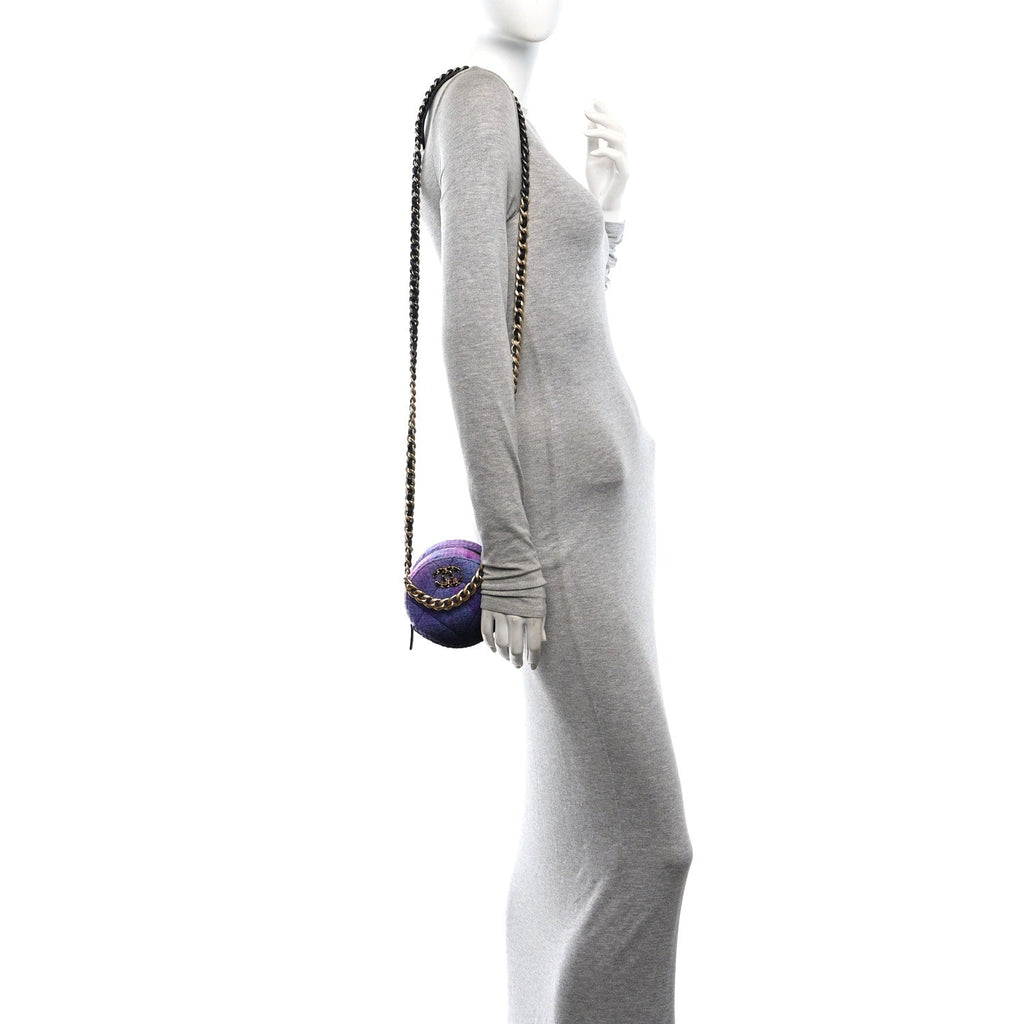 Wool Tweed Chanel 19 Round Clutch With Chain Purple Black Blue