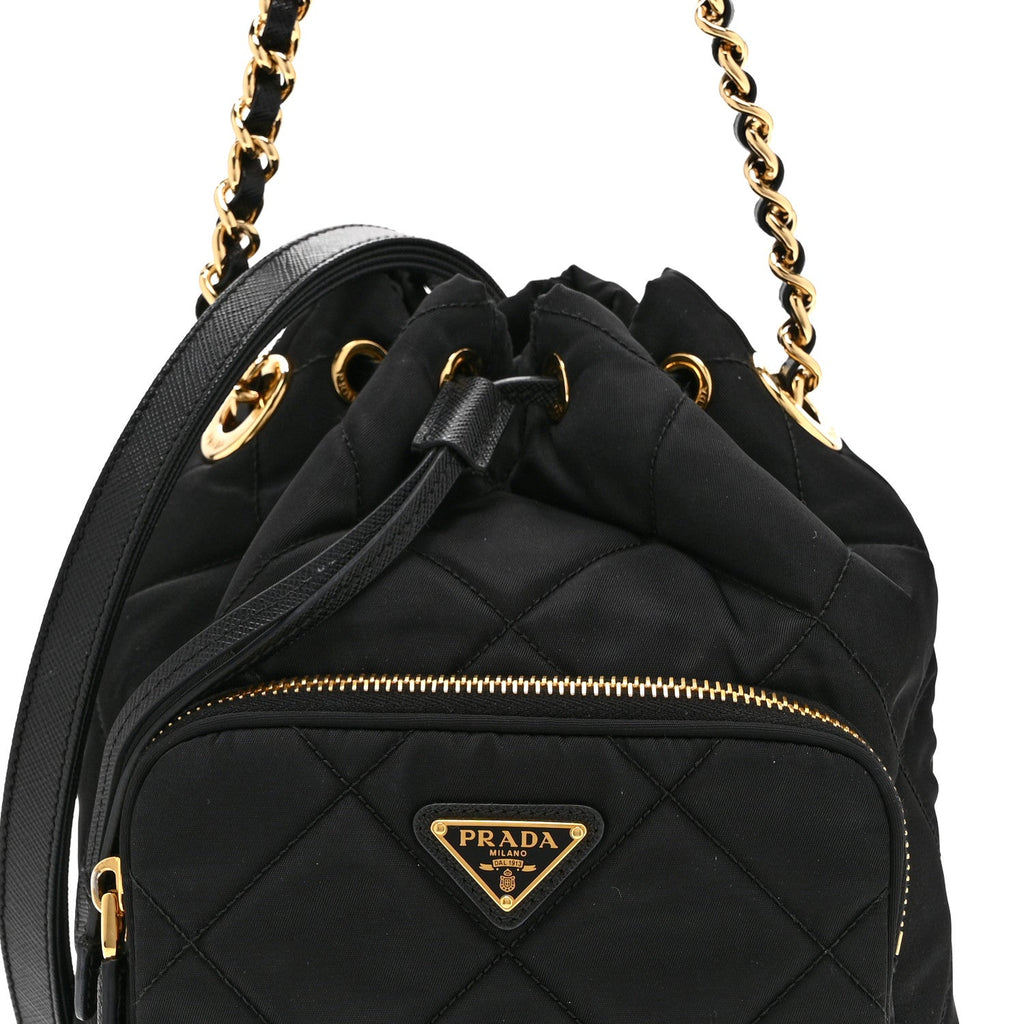 Re-Nylon Saffiano Stitched Duet Bucket Bag Black