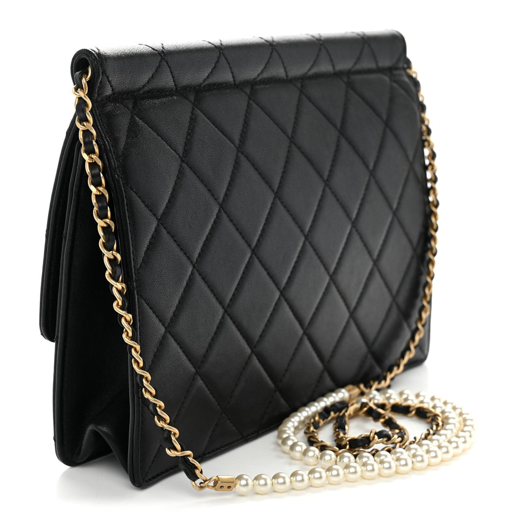 Lambskin Quilted Large Pearl Chain Flap Bag Black