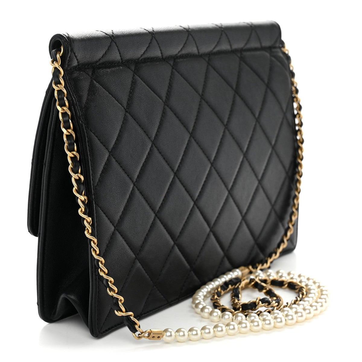 Lambskin Quilted Large Pearl Chain Flap Bag Black
