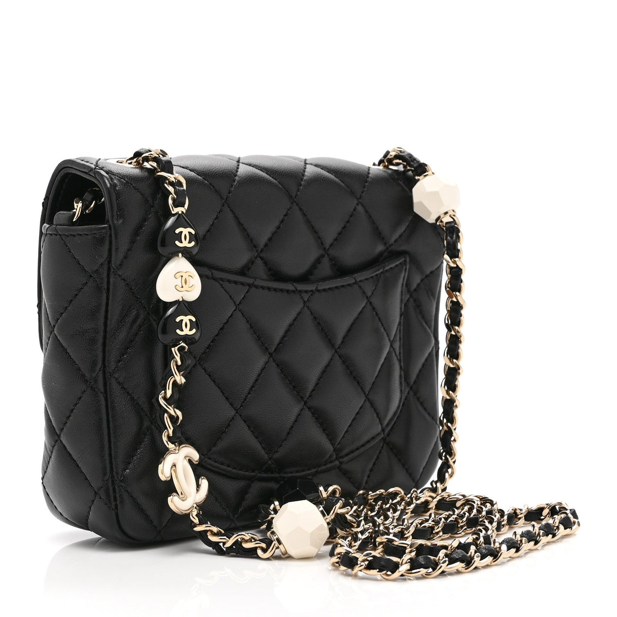 Lambskin Resin Quilted Mini Heart Square Flap Black