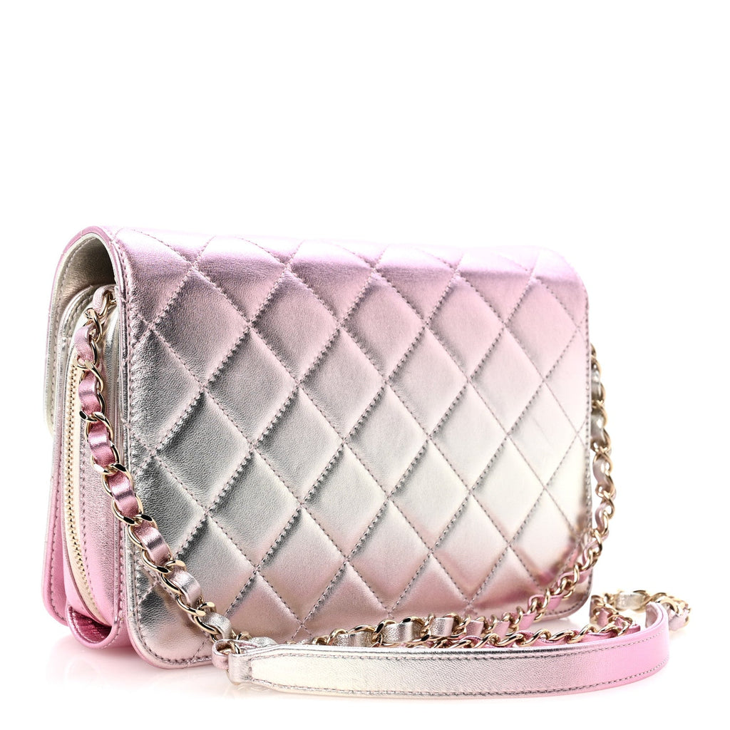 Metallic Lambskin Quilted Large Like A Wallet Flap Golden Pink