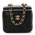 Lambskin Quilted Mini Pearl Crush Vanity Case With Chain Black