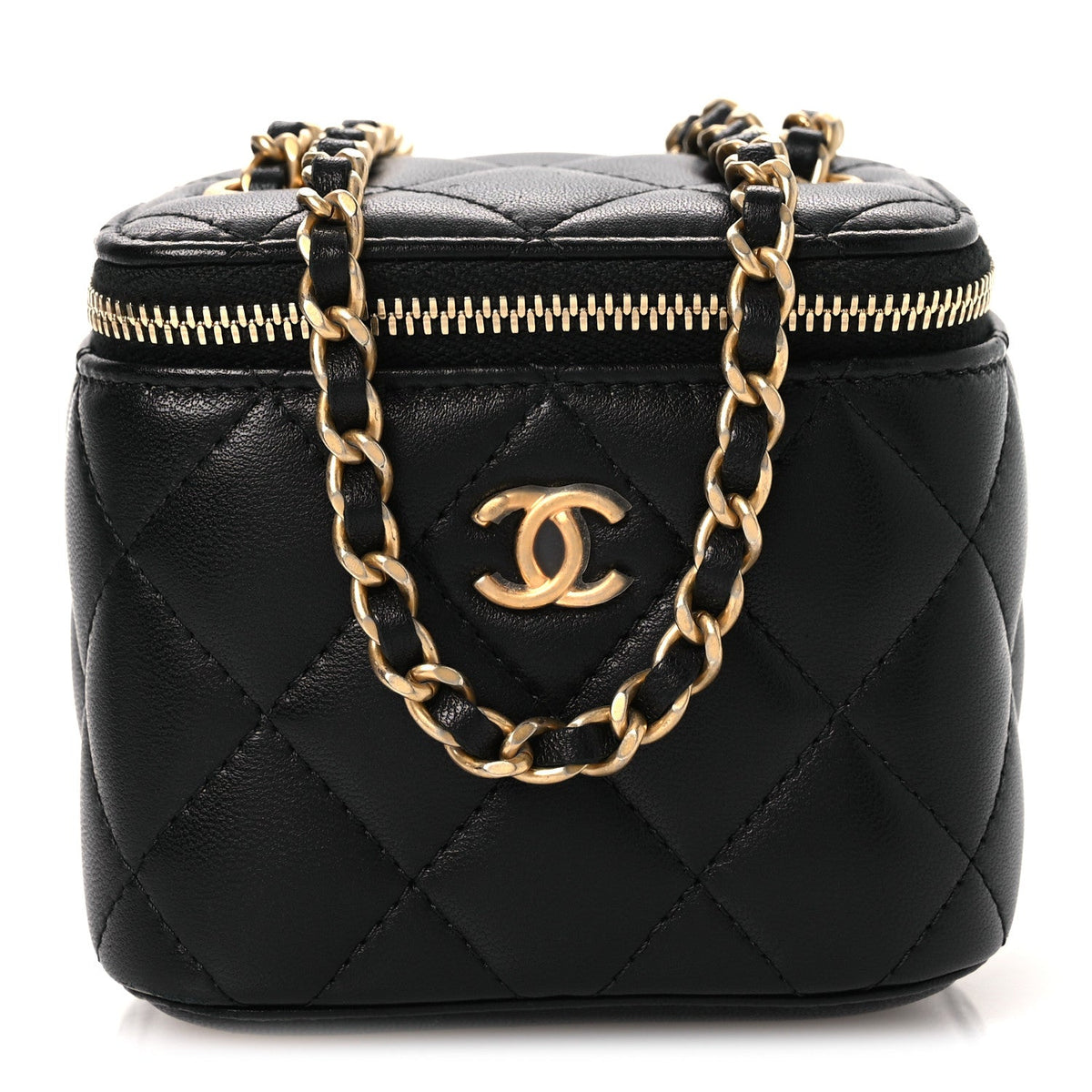 Lambskin Quilted Mini Pearl Crush Vanity Case With Chain Black