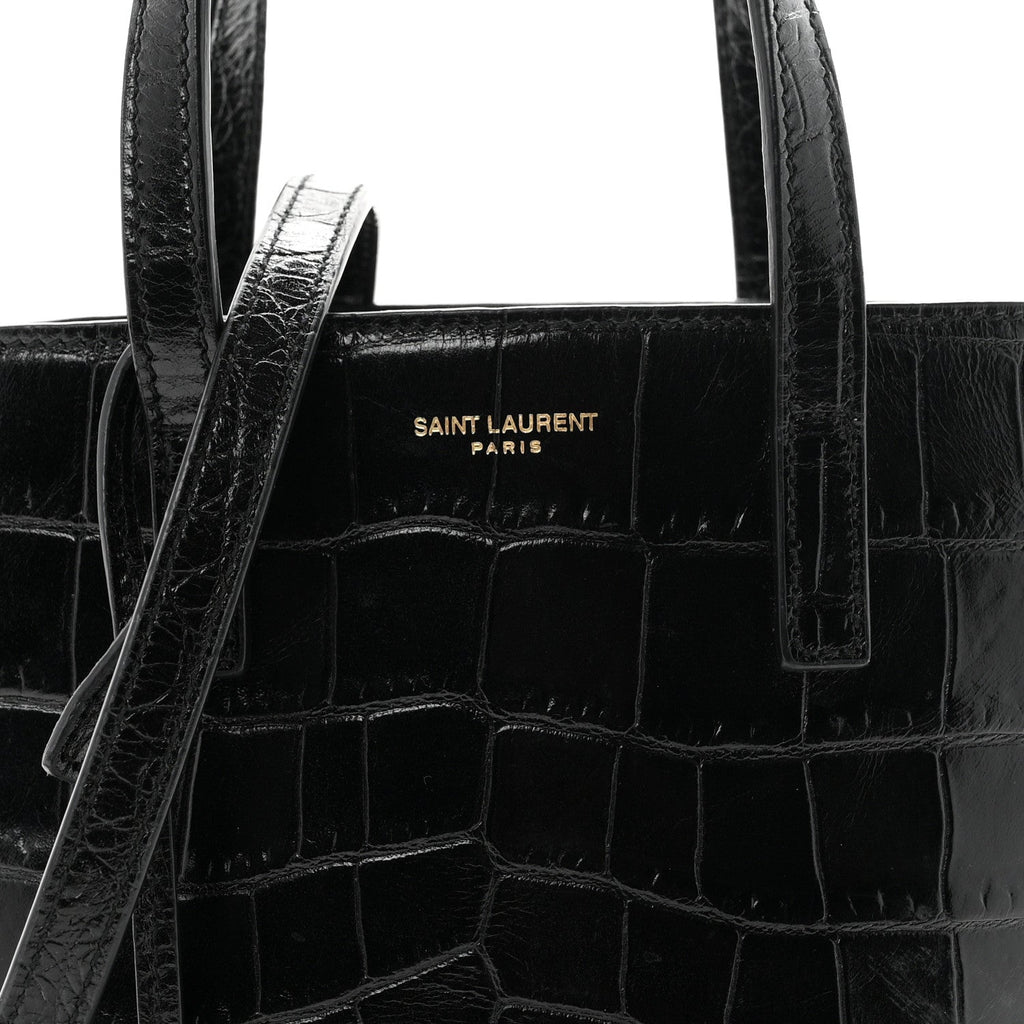 Calfskin Crocodile Embossed Paris Mini Toy Shopper Tote Black