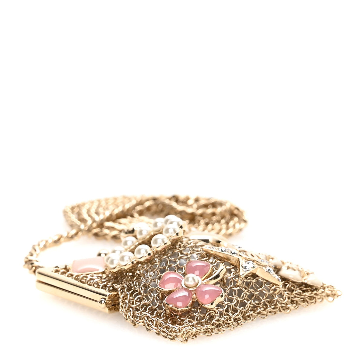 Metal Pearl Enamel Kiss Lock Chain Mail Charm Clutch Gold
