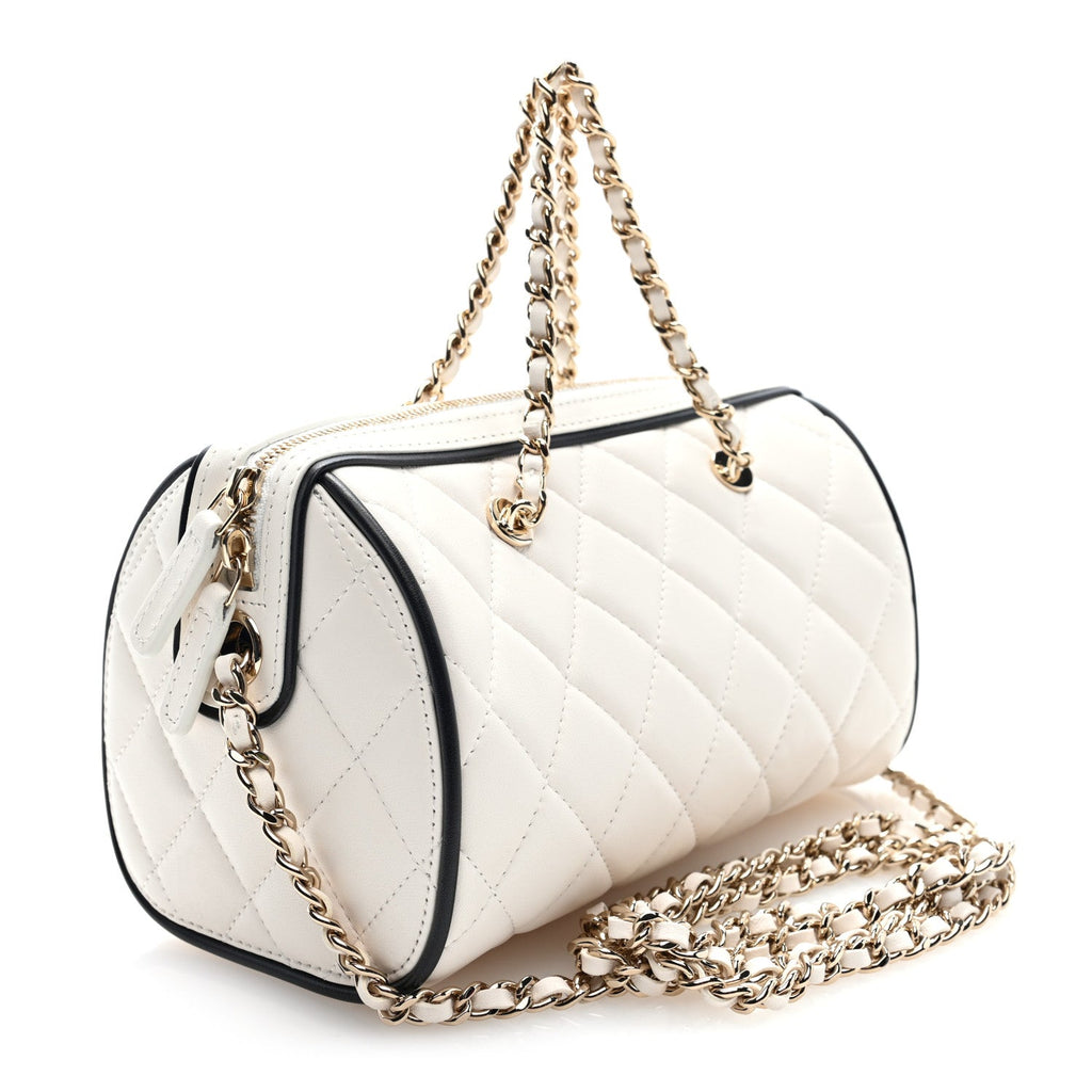 Lambskin Quilted Resin CC Mini Bowling Clutch With Chain White Black
