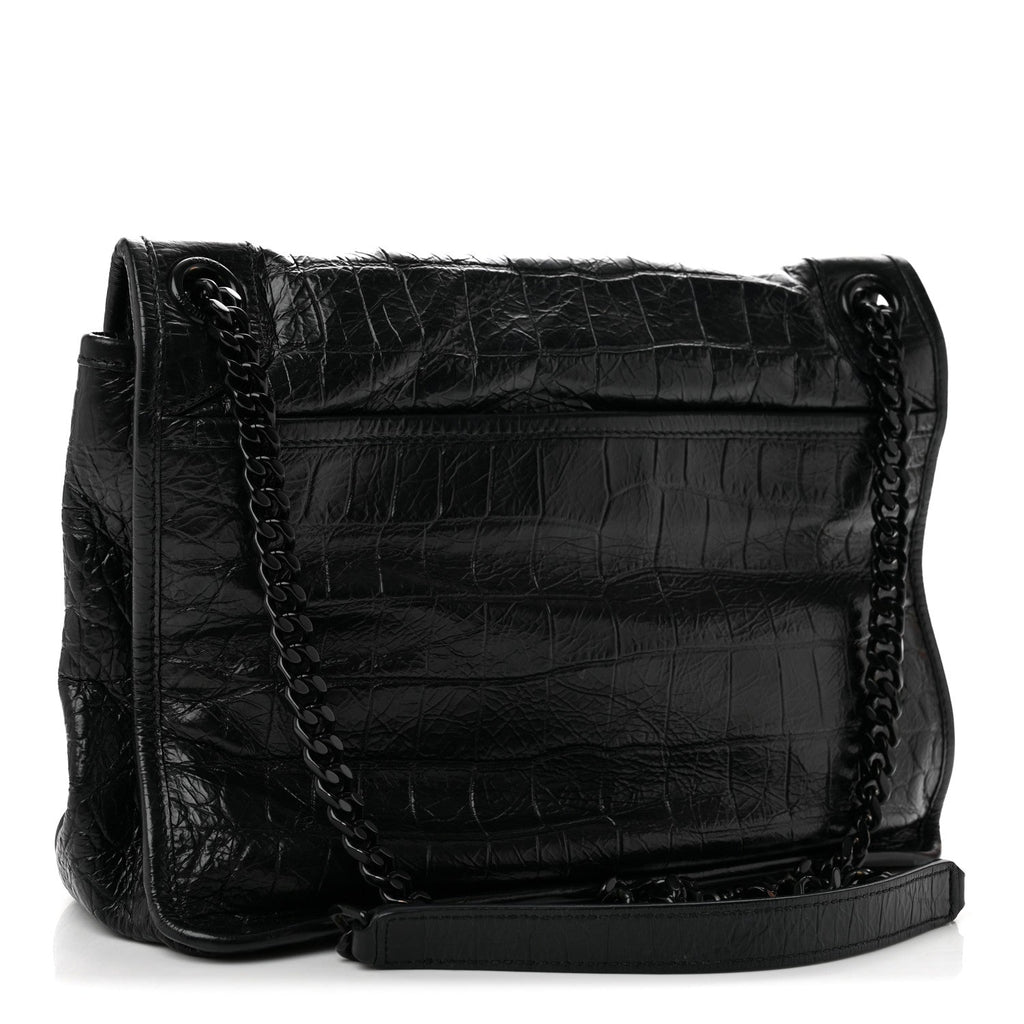 Crocodile Embossed Lambskin Monogram Medium Niki Chain Satchel Black