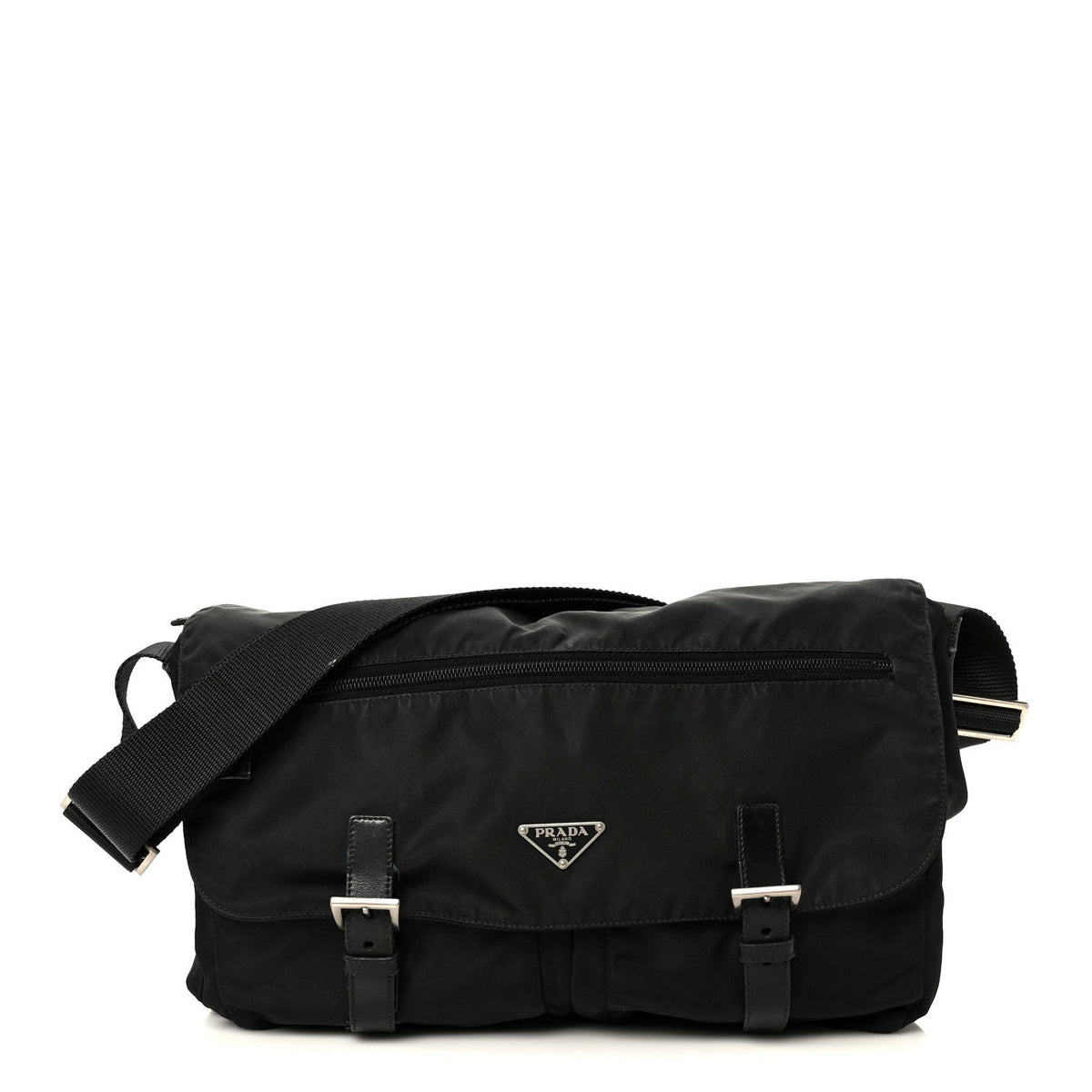 Tessuto Nylon Saffiano Double Buckle Messenger Shoulder Bag Black