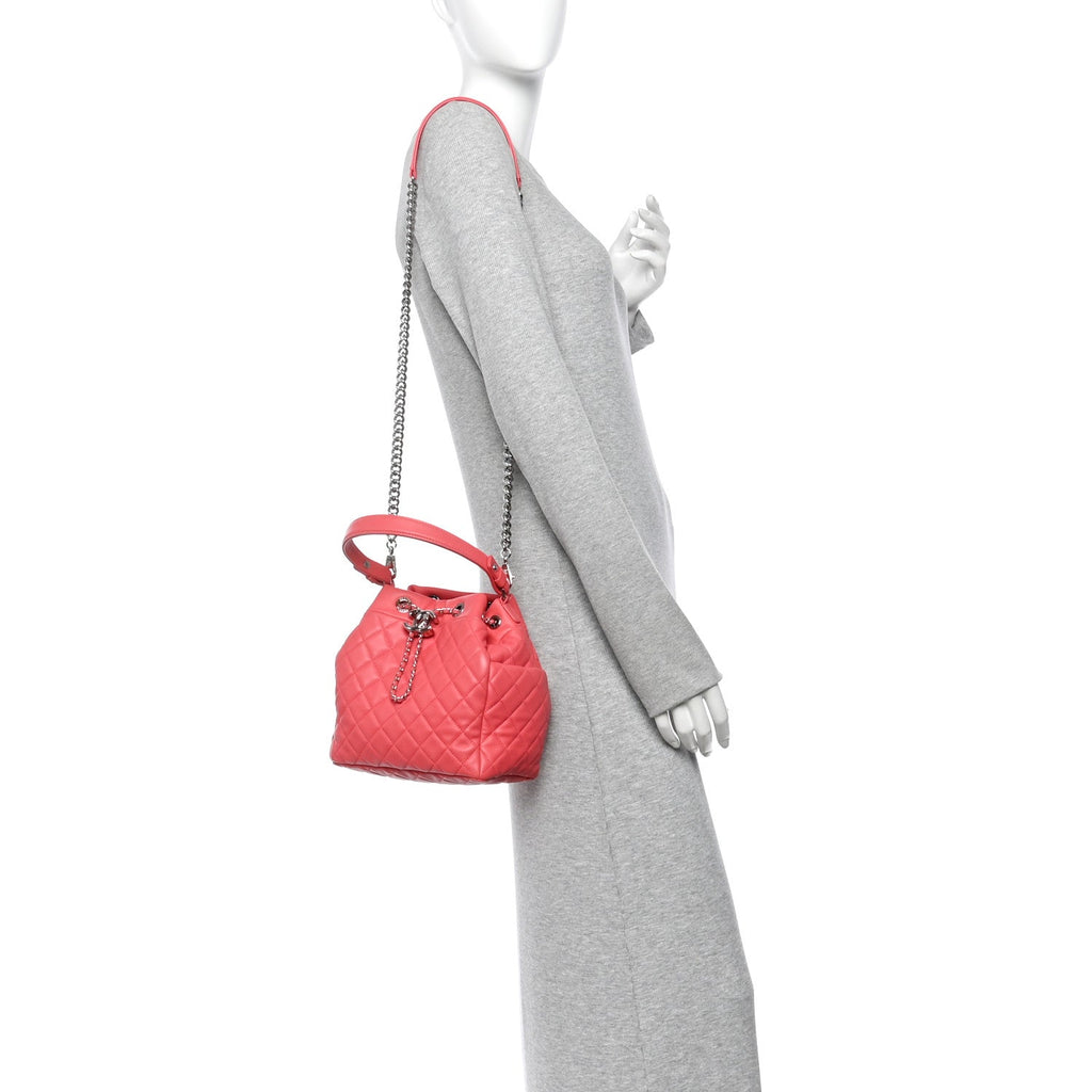 Lambskin Quilted Small CC Chain Drawstring Bucket Bag Pink