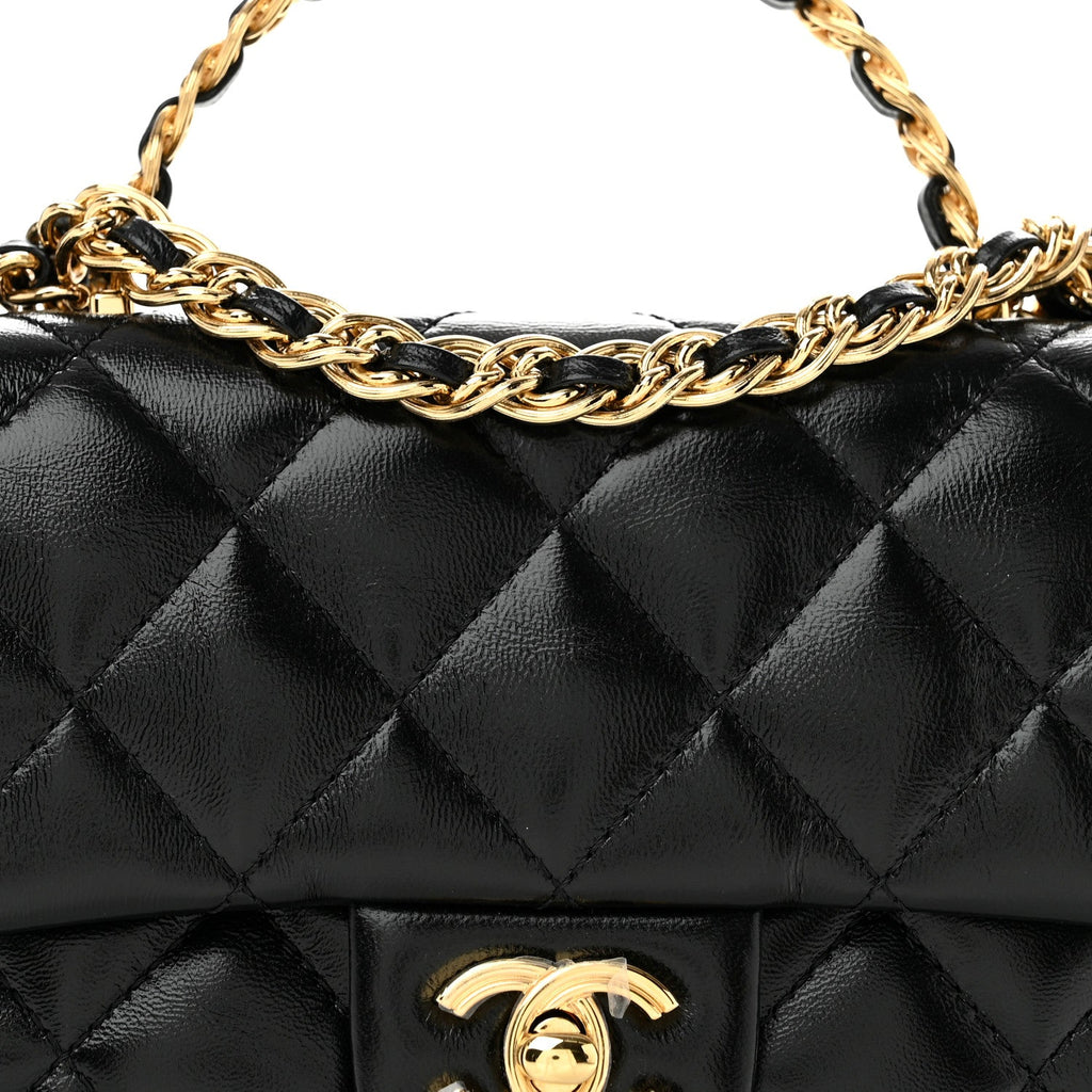 Shiny Lambskin Quilted Golden Links Top Handle Flap Black