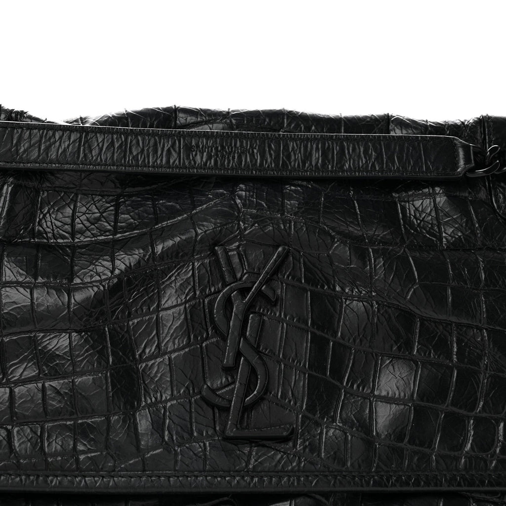 Crocodile Embossed Lambskin Monogram Medium Niki Chain Satchel Black