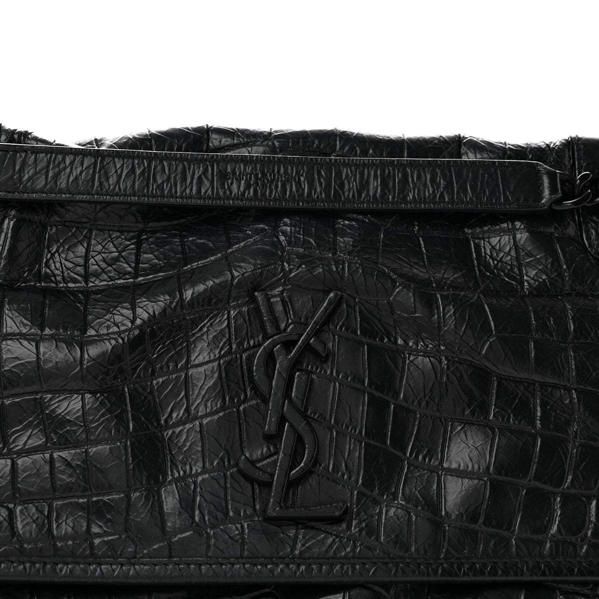 Crocodile Embossed Lambskin Monogram Medium Niki Chain Satchel Black