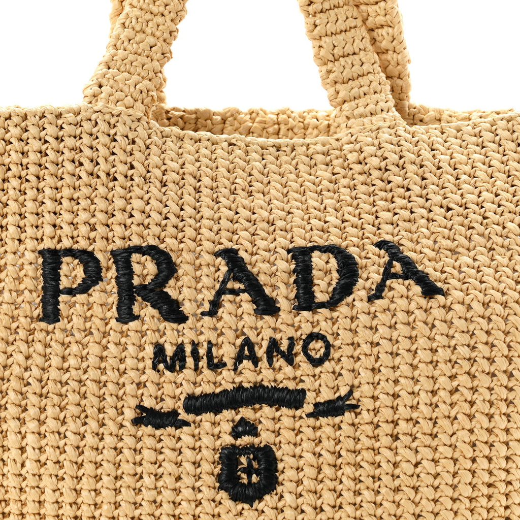Yarn Raffia Effect Crochet Embroidered Logo Tote Naturale
