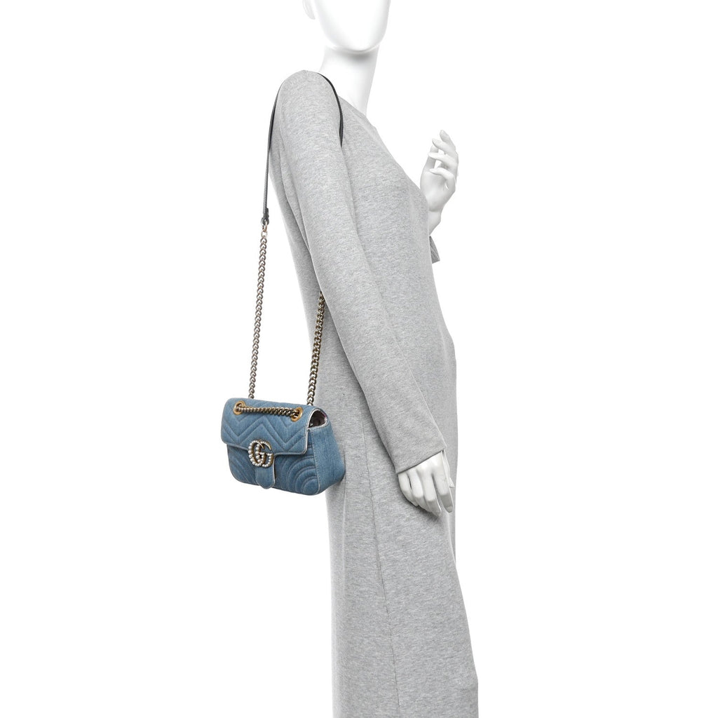 Denim Matelasse Mini Pearly GG Marmont Shoulder Bag Blue