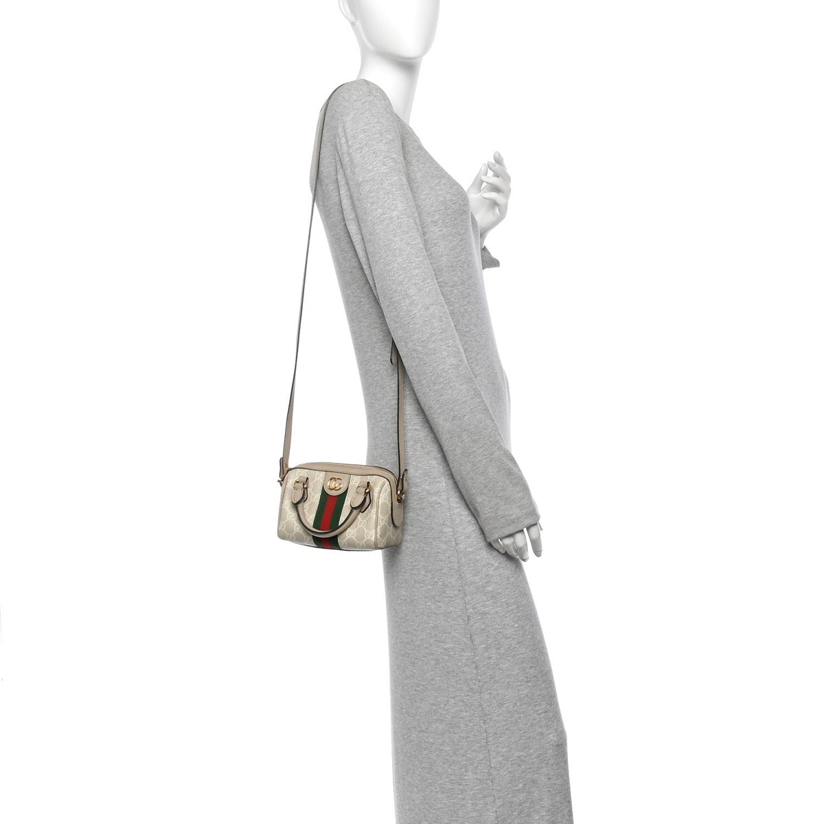 GG Supreme Monogram Textured Dollar Calfskin Web Super Mini Ophidia Top Handle Bowler Bag Beige Mystic White Oatmeal