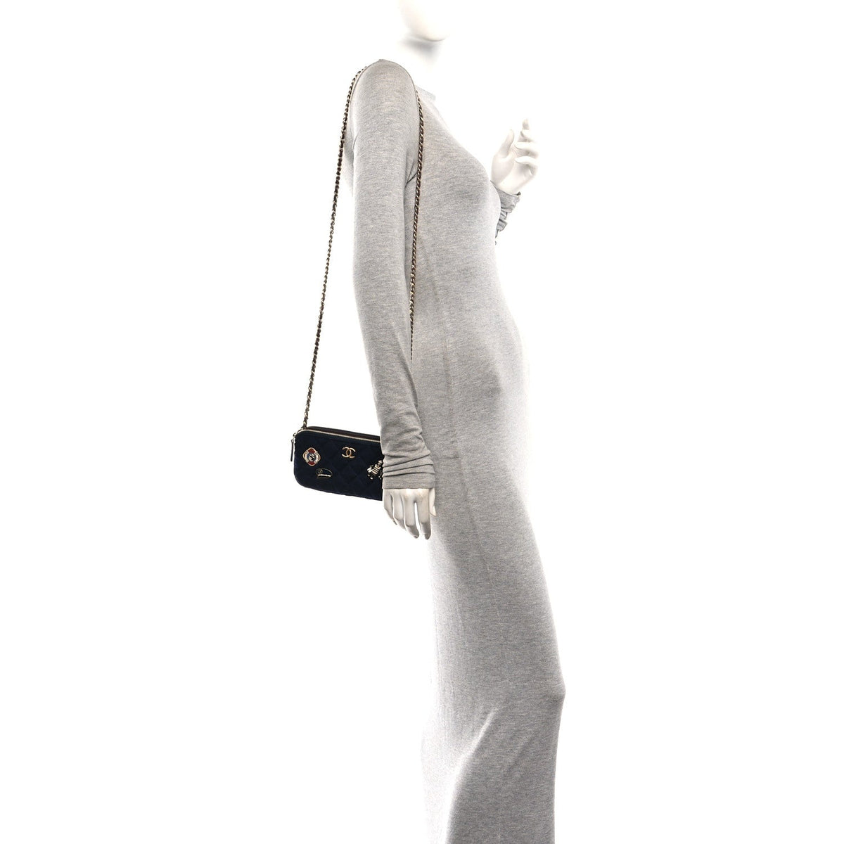 Felt Quilted Paris-Hamburg Charms Small Clutch With Chain  Dark Navy