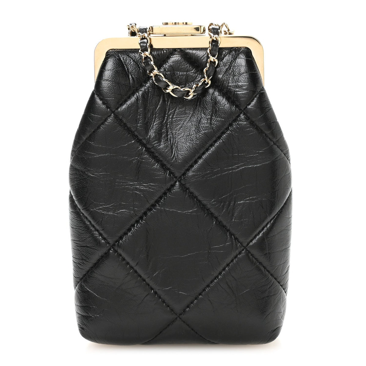 Shiny Aged Lambskin Quilted Kiss Lock Clutch With Chain Black