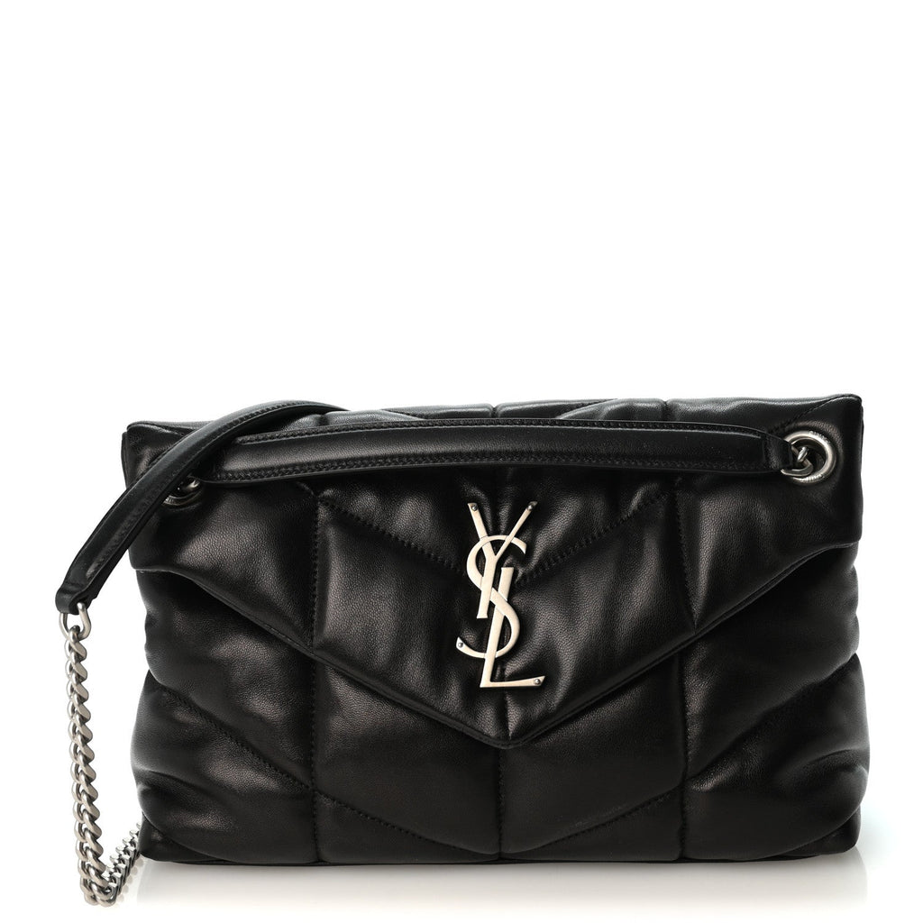 Lambskin Quilted Small Loulou Puffer Monogram Chain Satchel Black