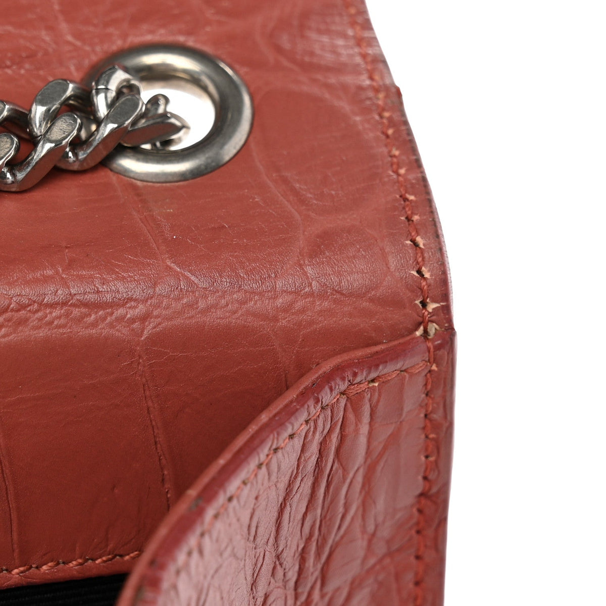 Calfskin Crocodile Embossed Medium Classic Monogram Kate Tassel Satchel Pink