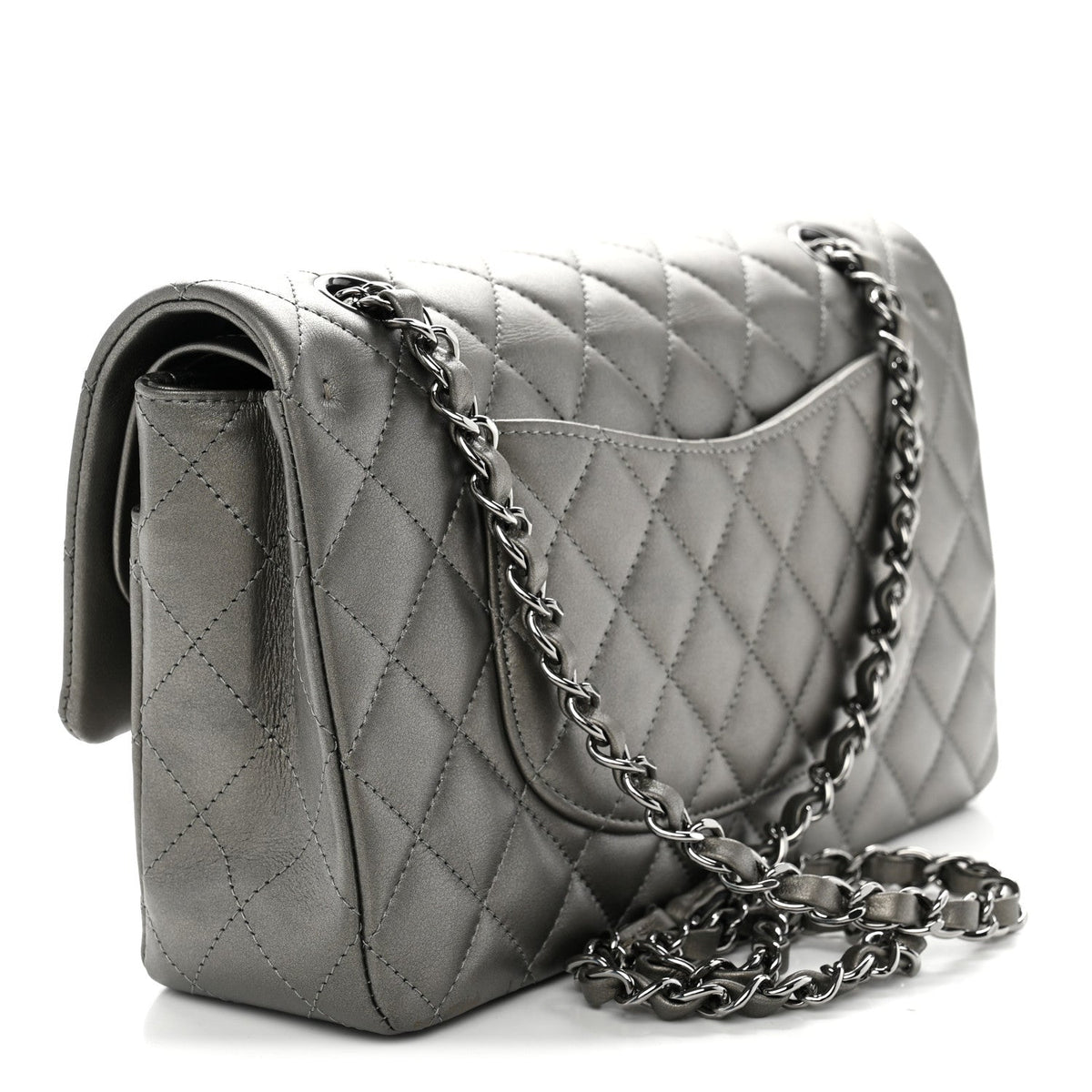 Metallic Calfskin Quilted Medium Double Flap Ruthenium