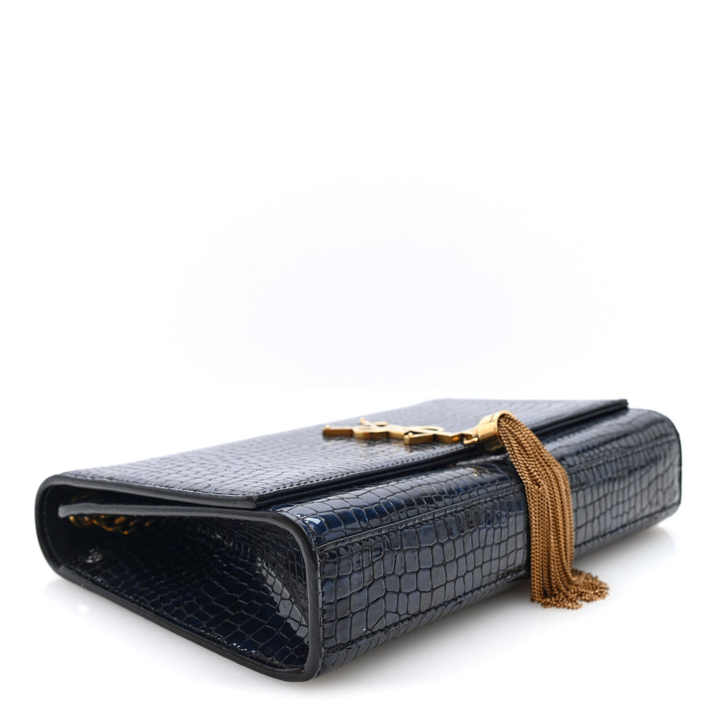 Calfskin Crocodile Embossed Medium Classic Monogram Kate Tassel Satchel Black Blue