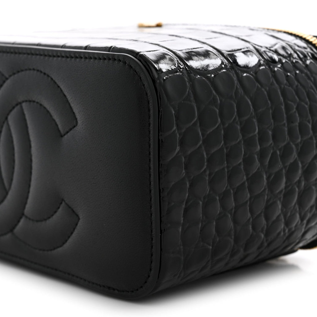 Calfskin Crocodile Embossed Crococo Small Top Handle Vanity Case With Chain Black