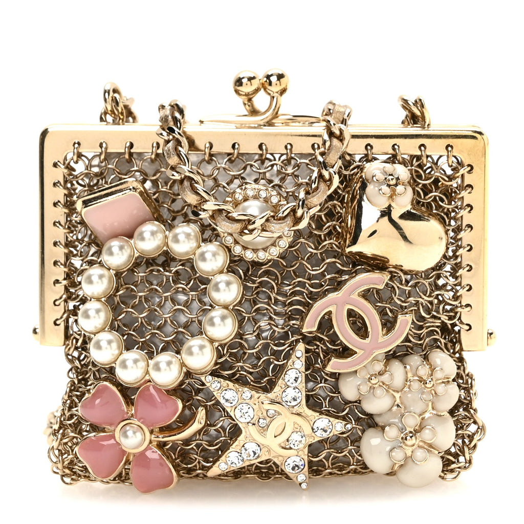 Metal Pearl Enamel Kiss Lock Chain Mail Charm Clutch Gold