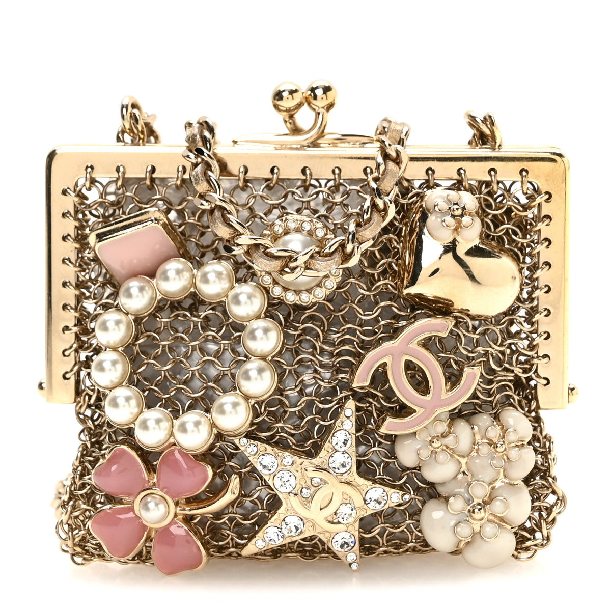 Metal Pearl Enamel Kiss Lock Chain Mail Charm Clutch Gold