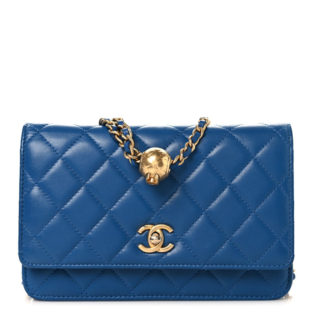 Lambskin Quilted CC Pearl Crush Wallet on Chain WOC Blue