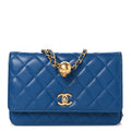 Lambskin Quilted CC Pearl Crush Wallet on Chain WOC Blue